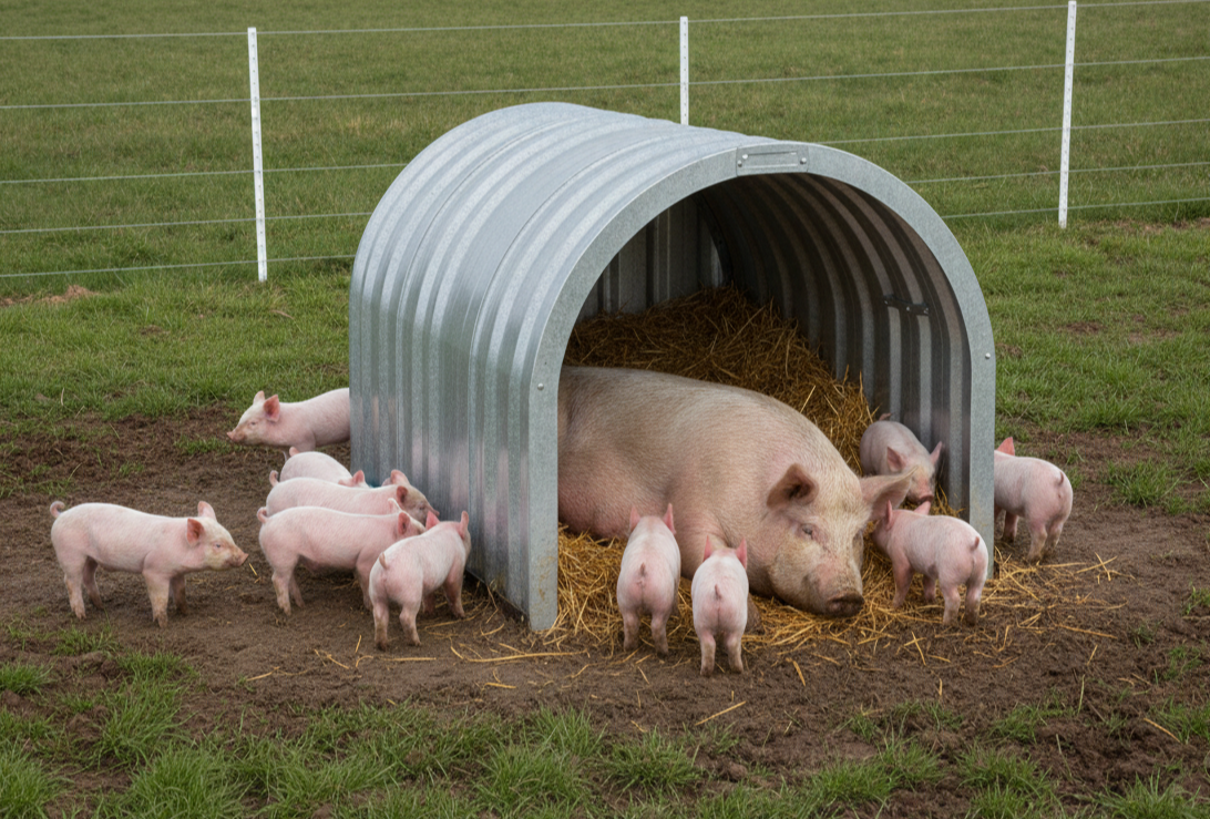 Abri pour cochons en tôle galvanisée au pré